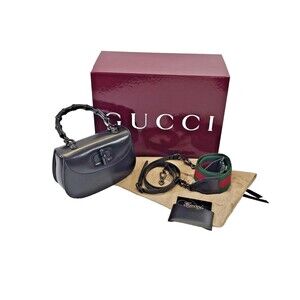 WN GUCCI Bamboo 1947 Small Top Handle Bag Black Leather Purse Handbag W Mirror